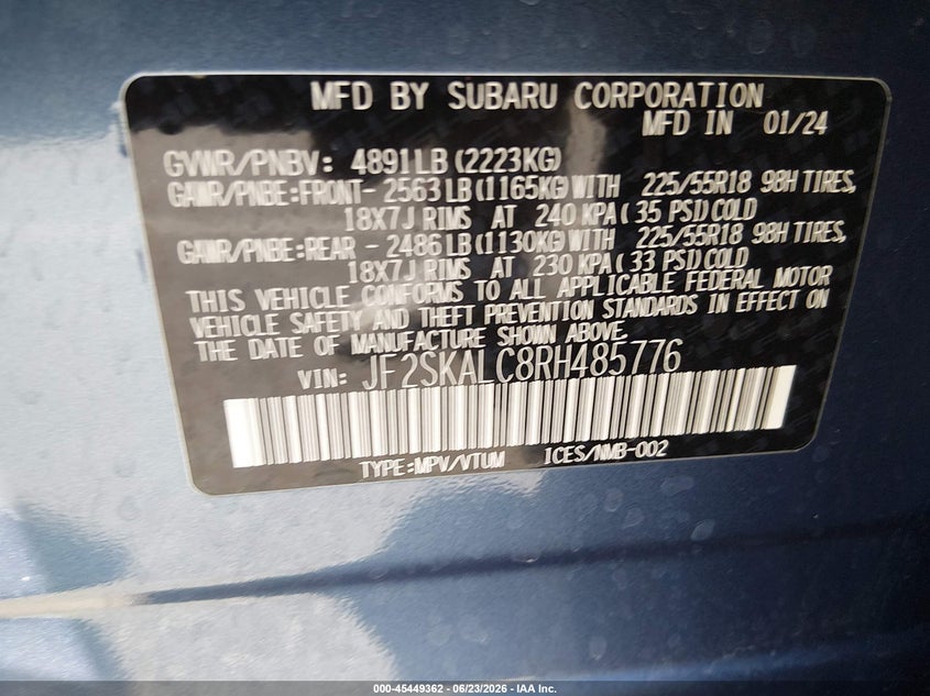 2024 Subaru Forester VIN JF2SKALC8RH485776 IAAI salvage auction — RIGHT SIDE, Salvage Title, sold $9,500 on 2026-09-01 (photo 9)