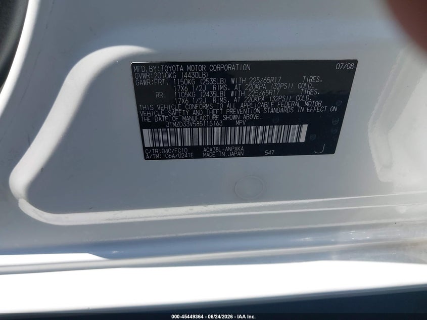 2008 Toyota Rav4 VIN JTMZD33V585115163 IAAI salvage auction — FRONT END, Salvage Certificate (California), sold $1,600 on 2026-07-17 (photo 9)
