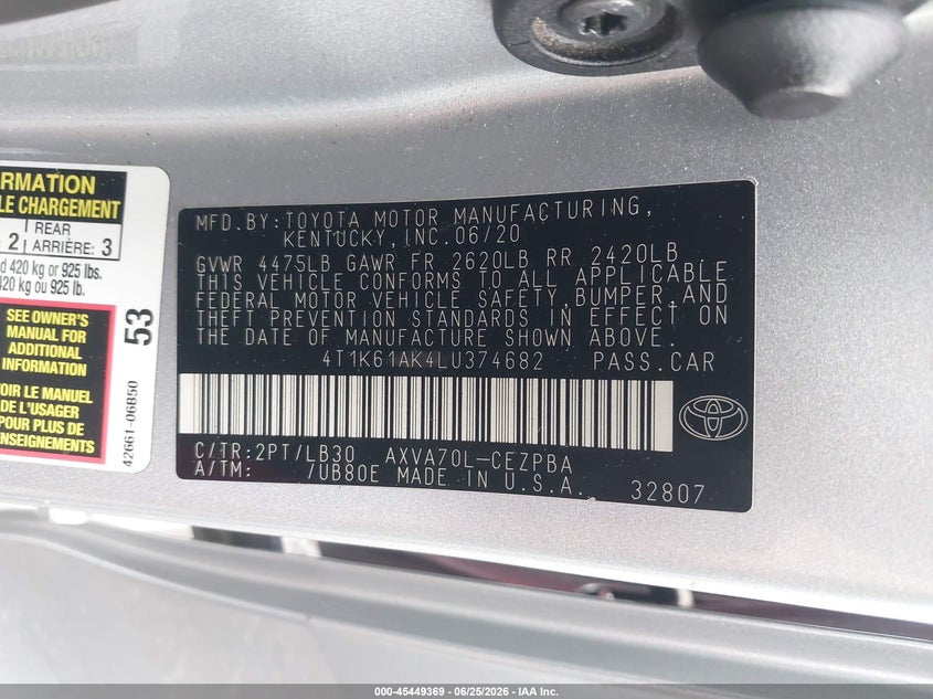 2020 Toyota Camry VIN 4T1K61AK4LU374682 IAAI salvage auction — REAR END, Salvage Certificate (California), sold $6,300 on 2026-07-12 (photo 9)