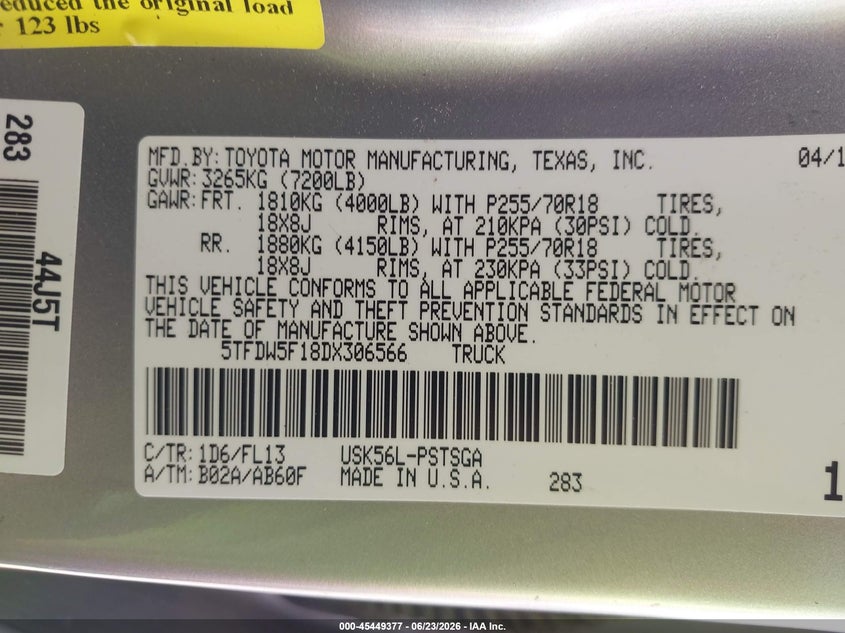 2013 Toyota Tundra VIN 5TFDW5F18DX306566 IAAI salvage auction — REAR END, Original (Texas), sold $6,000 on 2026-07-22 (photo 9)
