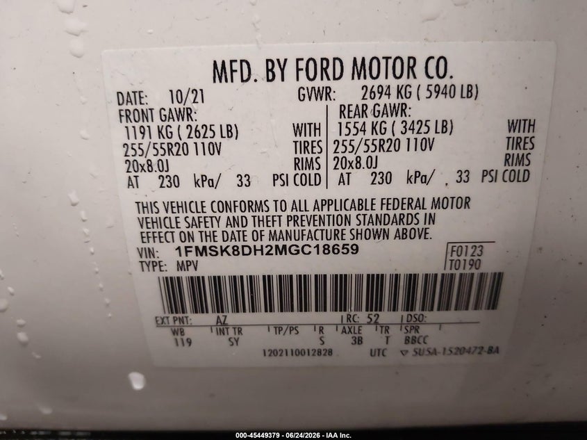 2021 Ford Explorer VIN 1FMSK8DH2MGC18659 IAAI salvage auction — LEFT FRONT, Salvage (Oklahoma), sold $7,900 on 2026-07-11 (photo 9)