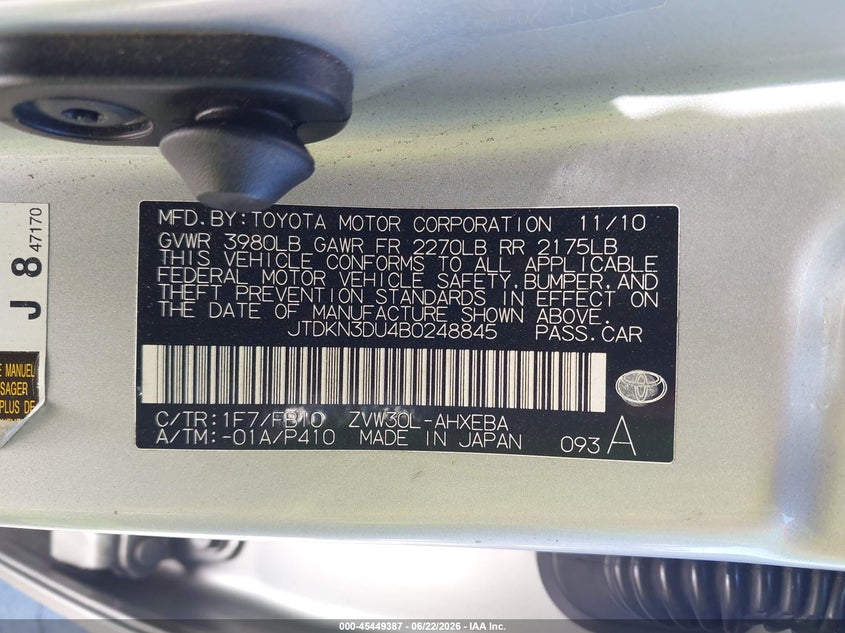 2011 Toyota Prius VIN JTDKN3DU4B0248845 IAAI salvage auction — FRONT & REAR, Salvage (California), sold $850 on 2026-07-08 (photo 9)