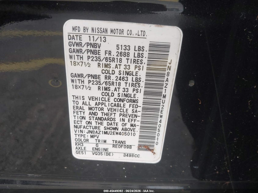 2014 Nissan Murano VIN JN8AZ1MU2EW405010 IAAI salvage auction — NORMAL WEAR, Clear (Montana), sold $375 on 2026-07-30 (photo 9)