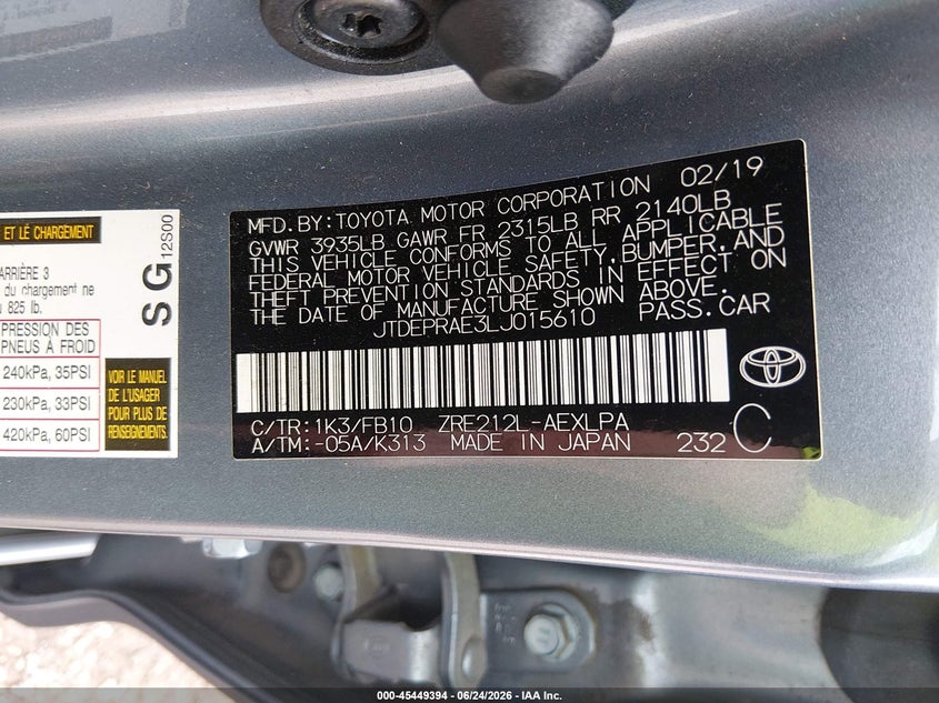 2020 Toyota Corolla VIN JTDEPRAE3LJ015610 IAAI salvage auction — FRONT END, Salvage Title, sold $3,250 on 2026-08-02 (photo 9)