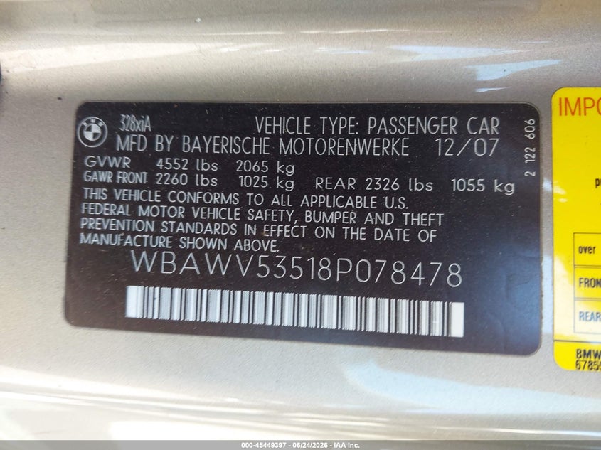 2008 BMW 3 series VIN WBAWV53518P078478 IAAI salvage auction — NORMAL WEAR, Clear (Washington), sold $475 on 2026-07-08 (photo 9)