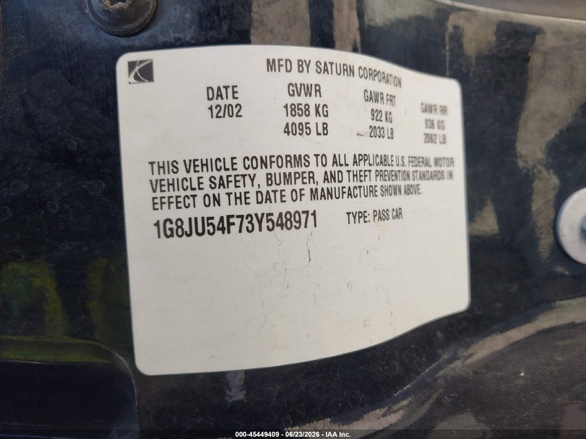 2003 Saturn L-series VIN 1G8JU54F73Y548971 IAAI salvage auction — FRONT END, Salvage (California), sold $225 on 2026-07-08 (photo 9)