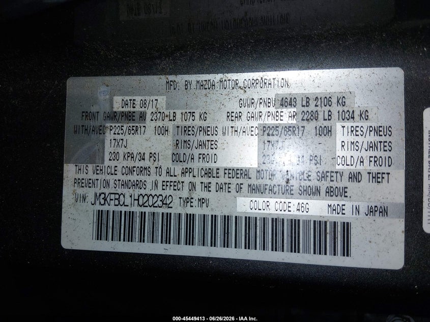 2017 Mazda Cx-5 VIN JM3KFBCL1H0202342 IAAI salvage auction — FRONT & REAR, Salvage Title, sold $625 on 2026-07-31 (photo 9)