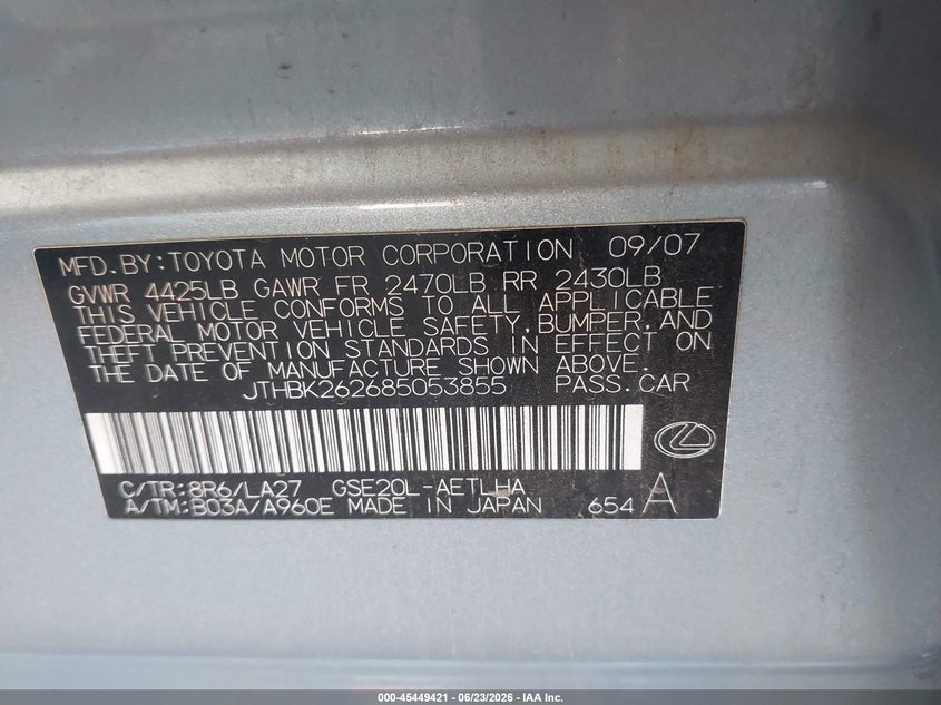 2008 Lexus Is 250 VIN JTHBK262685053855 IAAI salvage auction — NORMAL WEAR, Clear (Arizona), sold $25 on 2026-07-28 (photo 9)