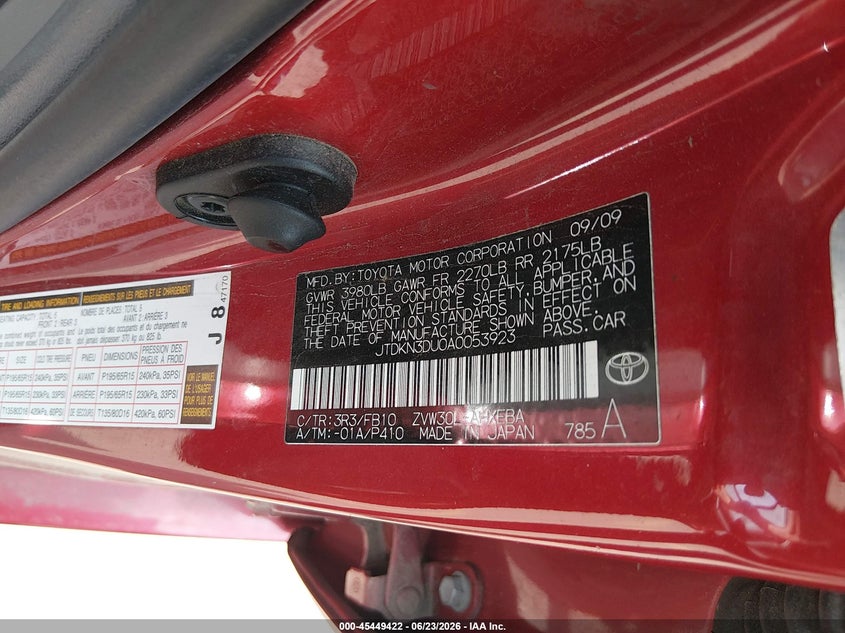 2010 Toyota Prius VIN JTDKN3DU0A0053923 IAAI salvage auction — NORMAL WEAR, Clear (Colorado), sold $2,325 on 2026-07-07 (photo 9)