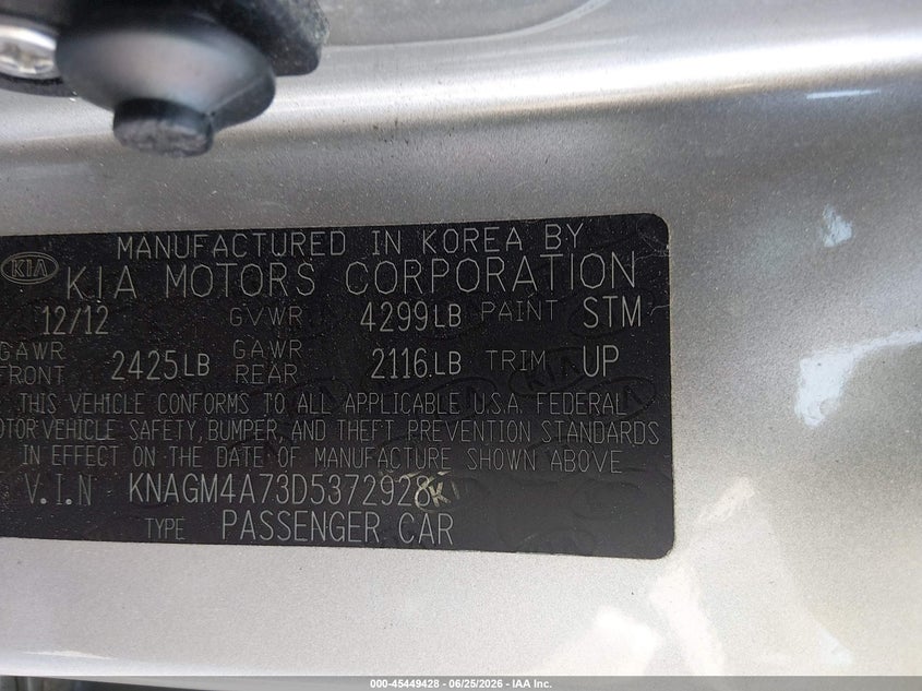 2013 Kia Optima VIN KNAGM4A73D5372928 IAAI salvage auction — NORMAL WEAR, Clear (Maryland), sold $650 on 2026-07-13 (photo 9)