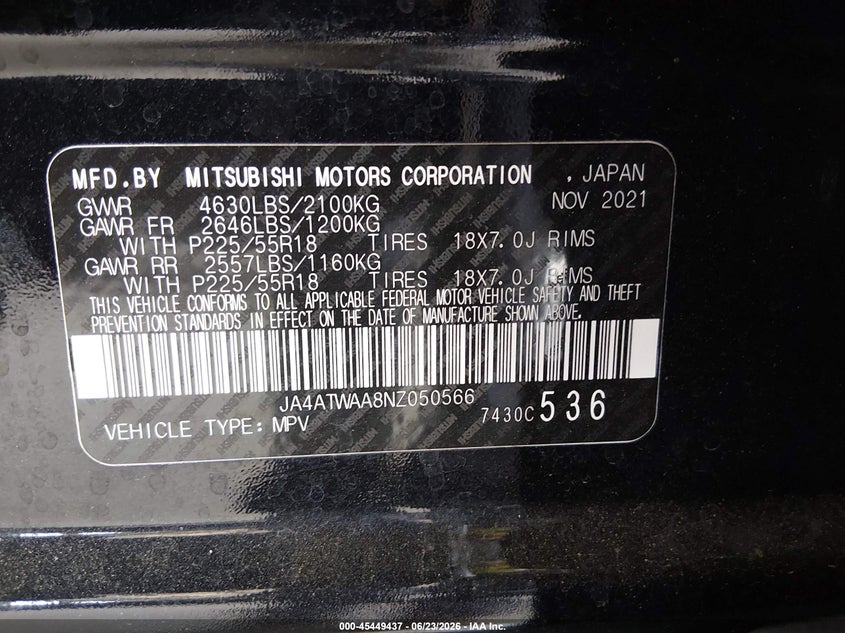 2022 Mitsubishi Eclipse cross VIN JA4ATWAA8NZ050566 IAAI salvage auction — BIO HAZARD, Bill Of Sale (Washington), sold $850 on 2026-07-29 (photo 9)
