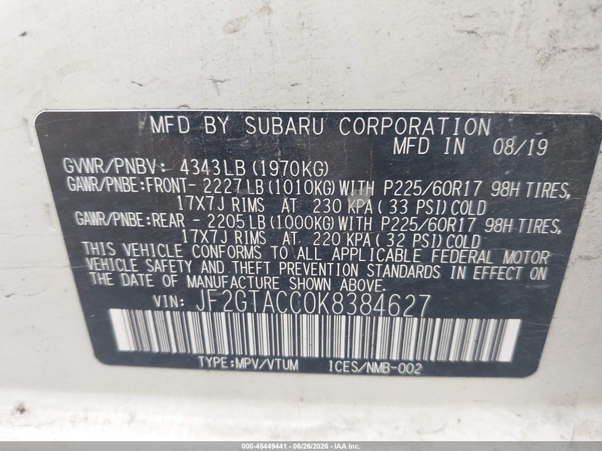 2019 Subaru Xv VIN JF2GTACC0K8384627 IAAI salvage auction — FRONT END, Salvage Title, sold $3,000 on 2026-07-14 (photo 9)