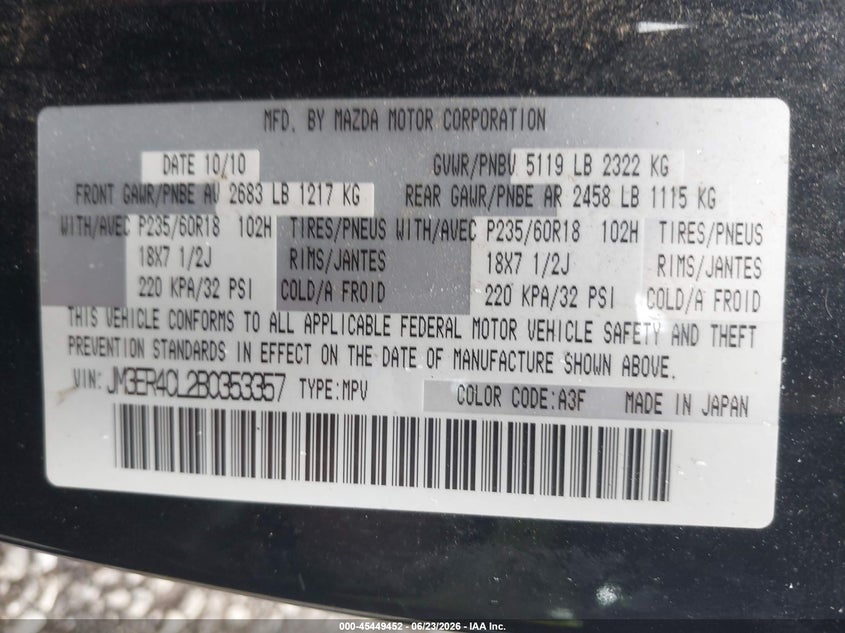 2011 Mazda Cx-7 VIN JM3ER4CL2B0353357 IAAI salvage auction — NORMAL WEAR, Clear (New Jersey), sold $1,100 on 2026-07-08 (photo 9)