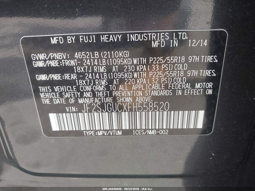 2015 Subaru Forester VIN JF2SJGUCXFH558520 IAAI salvage auction — RIGHT FRONT, Salvage (North Carolina), sold $650 on 2026-07-15 (photo 9)