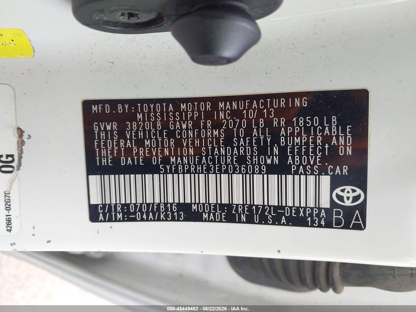 2014 Toyota Corolla VIN 5YFBPRHE3EP036089 IAAI salvage auction — NORMAL WEAR, Clear (Missouri), sold $2,600 on 2026-07-22 (photo 9)
