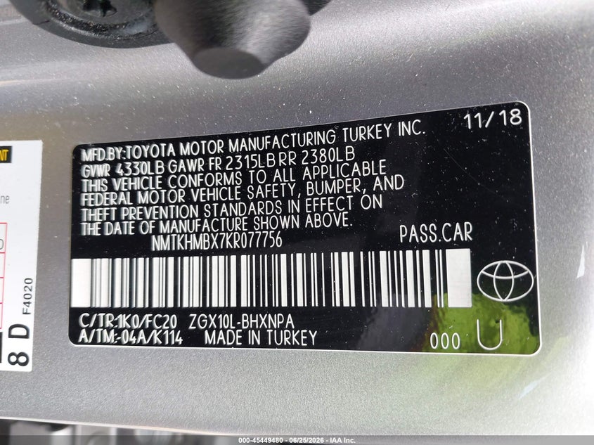 2019 Toyota C-hr VIN NMTKHMBX7KR077756 IAAI salvage auction — FRONT END, Salvage Title, sold $3,775 on 2026-07-13 (photo 9)