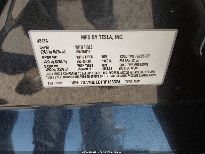 2024 Tesla Model y VIN 7SAYGDEE1RF183324 IAAI salvage auction — FRONT END, Salvage (California), sold $8,900 on 2026-08-02 (photo 9)