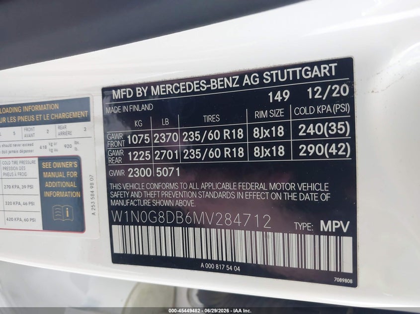 2021 Mercedes-benz Glc VIN W1N0G8DB6MV284712 IAAI salvage auction — BIO HAZARD, Salvage (California), sold $925 on 2026-07-28 (photo 9)