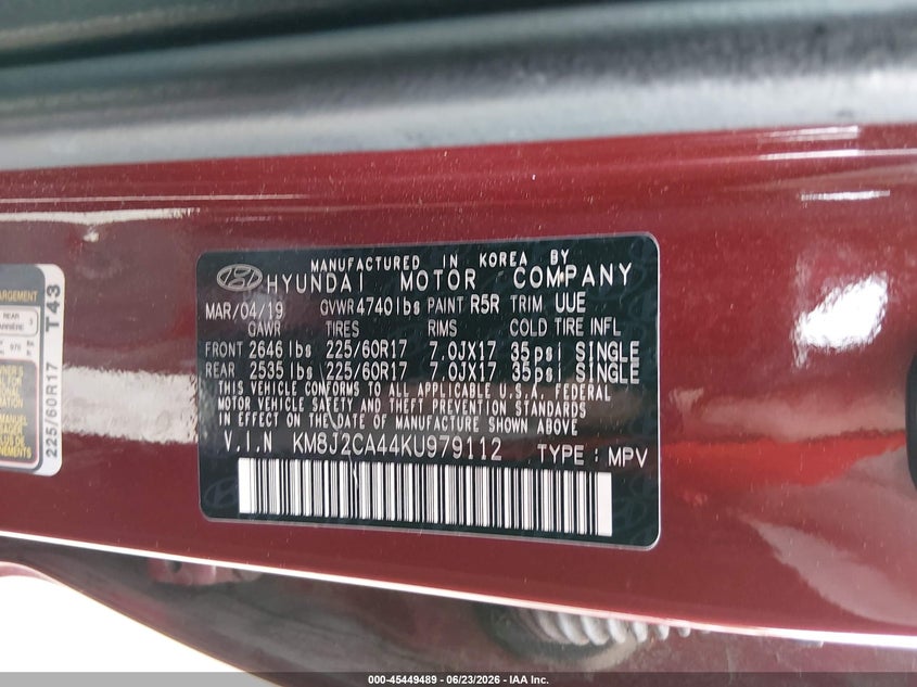 2019 Hyundai Tucson VIN KM8J2CA44KU979112 IAAI salvage auction — NORMAL WEAR, Clear (New Jersey), sold $3,300 on 2026-07-14 (photo 9)