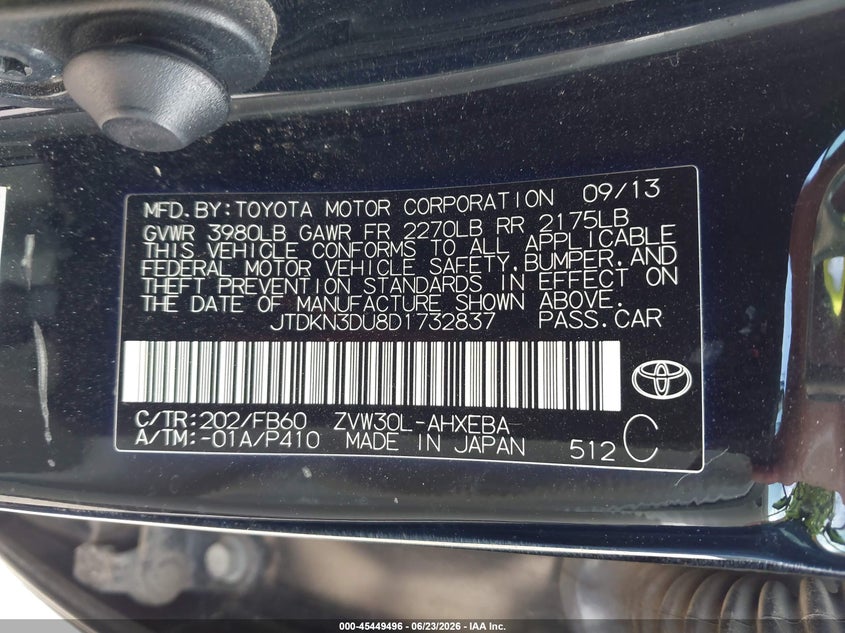 2013 Toyota Prius VIN JTDKN3DU8D1732837 IAAI salvage auction — SIDE, Salvage Title, sold $525 on 2026-07-30 (photo 9)
