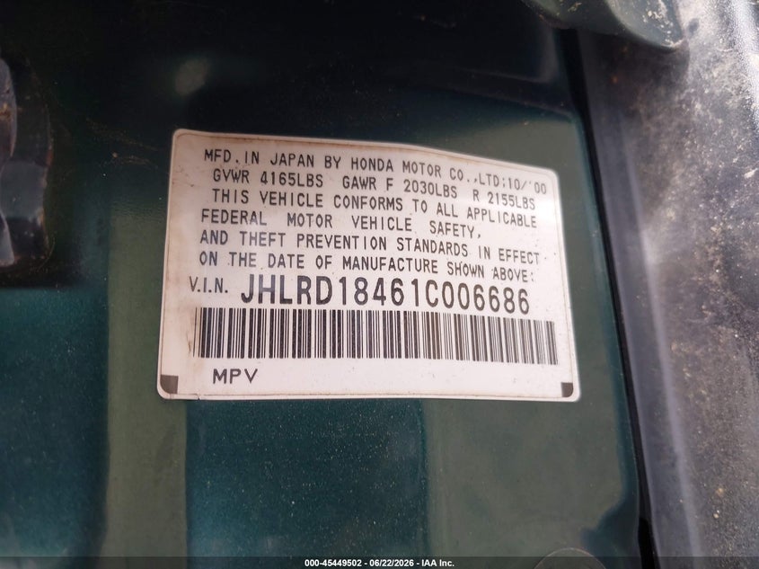 2001 Honda Cr-v VIN JHLRD18461C006686 IAAI salvage auction — NORMAL WEAR, Clear (Virginia), sold $375 on 2026-07-29 (photo 9)