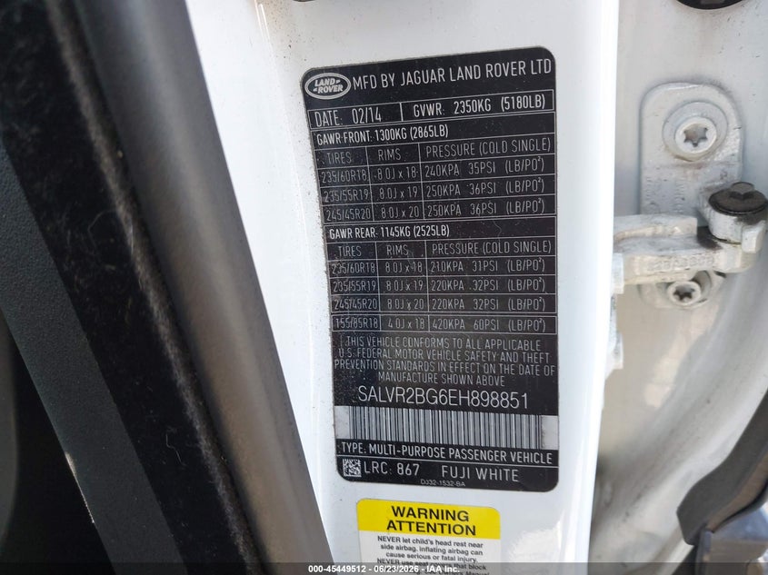 2014 Land rover Range rover evoque VIN SALVR2BG6EH898851 IAAI salvage auction — NORMAL WEAR, Salvage (California), sold $700 on 2026-07-28 (photo 9)