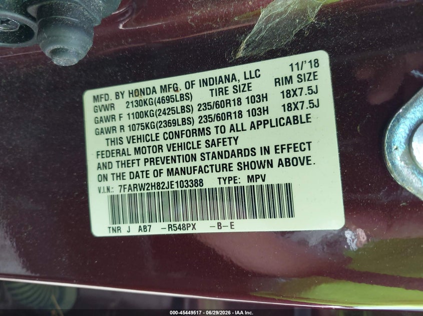 2018 Honda Cr-v VIN 7FARW2H82JE103388 IAAI salvage auction — NORMAL WEAR, Clear (Illinois), sold $6,200 on 2026-07-08 (photo 9)