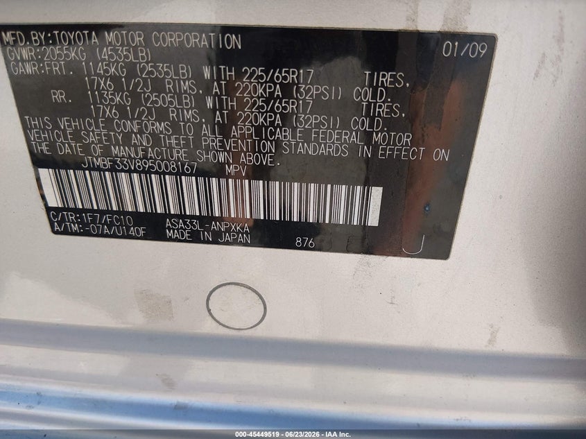 2009 Toyota Rav4 VIN JTMBF33V895008167 IAAI salvage auction — REAR END, Salvage (Nevada), sold $25 on 2026-07-24 (photo 9)