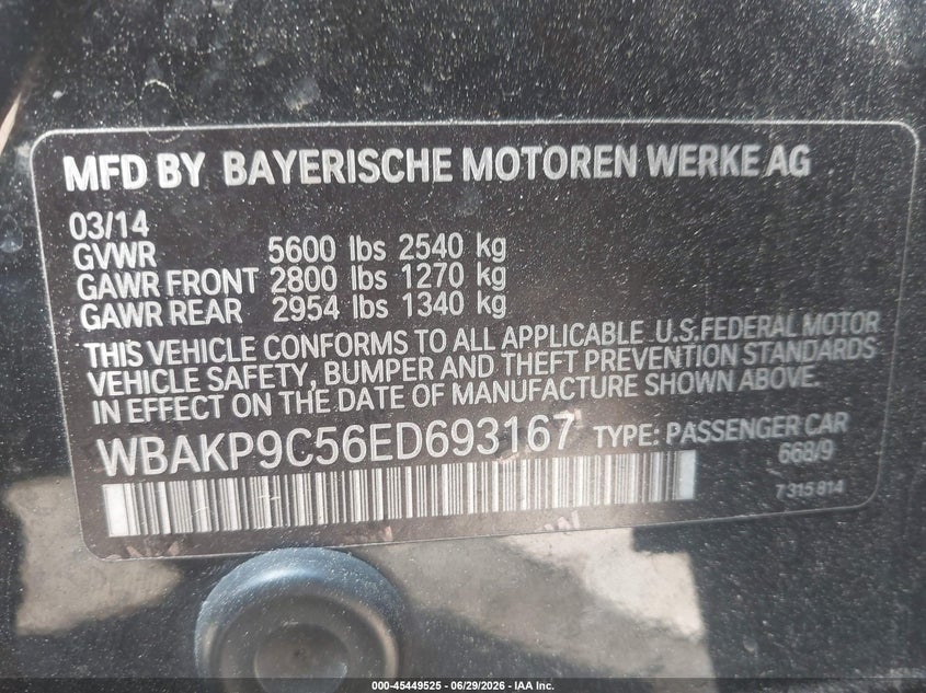 2014 BMW 5er VIN WBAKP9C56ED693167 IAAI salvage auction — FRONT END, Salvage Title, sold $2,900 on 2026-07-16 (photo 9)