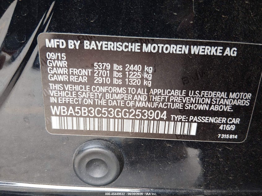 2016 BMW 5er VIN WBA5B3C53GG253904 IAAI salvage auction — LEFT FRONT, Salvage Title, sold $7,550 on 2026-08-12 (photo 9)