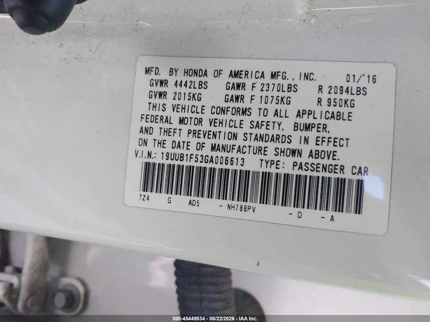 2016 Acura Tlx VIN 19UUB1F53GA006613 IAAI salvage auction — FRONT END, Salvage Title, sold $1,750 on 2026-07-19 (photo 9)