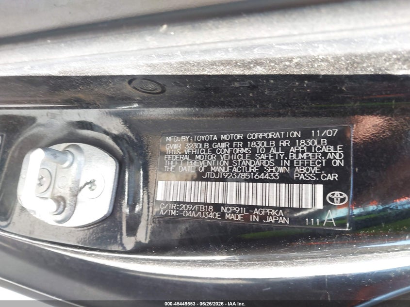 2008 Toyota Yaris VIN JTDJT923785164433 IAAI salvage auction — FRONT END, Salvage (California), sold $350 on 2026-07-23 (photo 9)