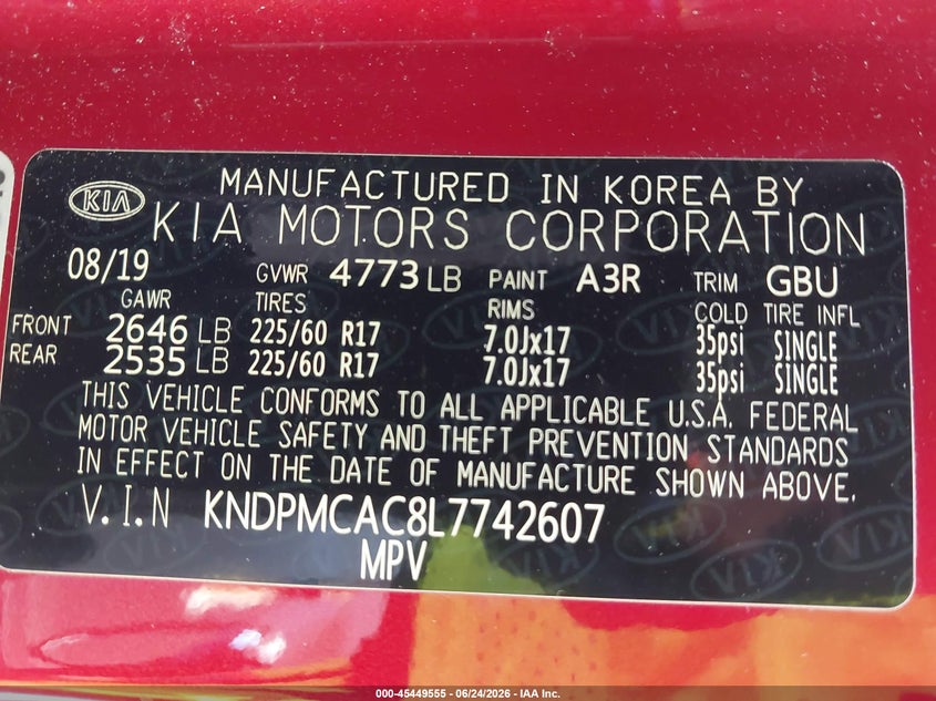 2020 Kia Sportage VIN KNDPMCAC8L7742607 IAAI salvage auction — REAR END, Bill Of Sale (Washington), sold $2,900 on 2026-07-29 (photo 9)