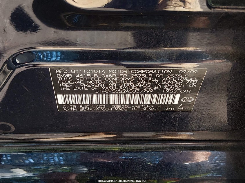 2010 Lexus Is 250 VIN JTHCF5C22A5037799 IAAI salvage auction — NORMAL WEAR, Clear (Virginia), sold $1,475 on 2026-07-09 (photo 9)