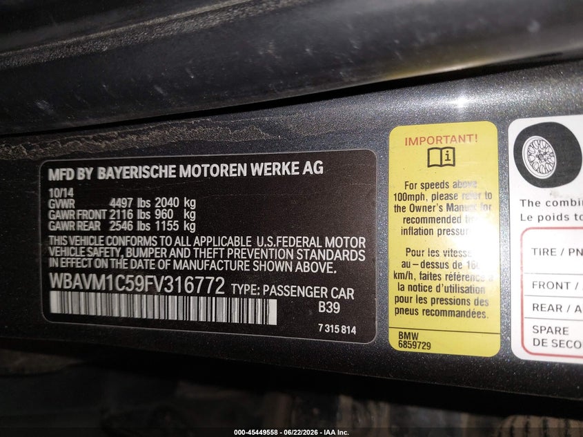 2015 BMW X1 VIN WBAVM1C59FV316772 IAAI salvage auction — UNKNOWN, Salvage Title, sold $25 on 2026-07-28 (photo 9)