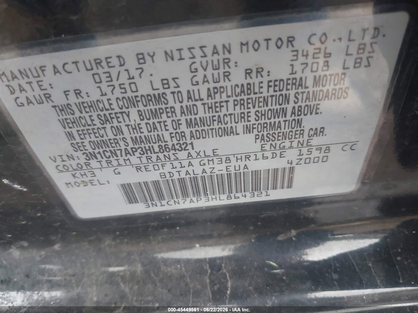 2017 Nissan Versa VIN 3N1CN7AP3HL864321 IAAI salvage auction — NORMAL WEAR, Clear (Indiana), sold $475 on 2026-07-11 (photo 9)