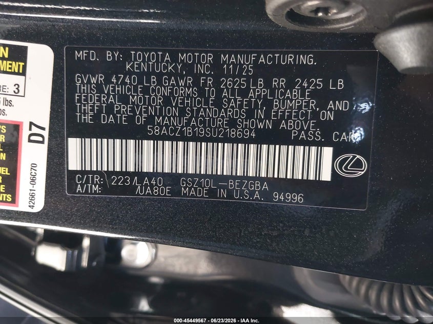2025 Lexus ES VIN 58ACZ1B19SU218694 IAAI salvage auction — LEFT FRONT, Salvage Title, sold $15,300 on 2026-07-29 (photo 9)