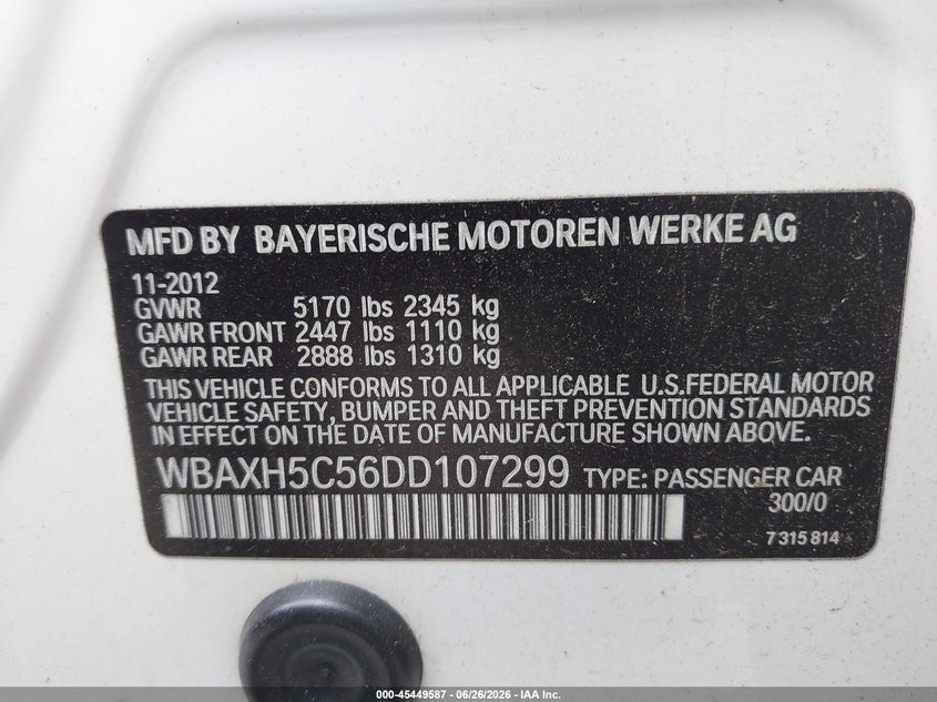 2013 BMW 5er VIN WBAXH5C56DD107299 IAAI salvage auction — UNKNOWN, Mv-907A (New York), sold $1,250 on 2026-07-28 (photo 9)