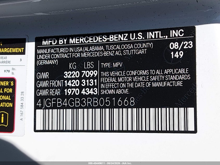 2024 Mercedes-benz VIN 4JGFB4GB3RB051668 IAAI salvage auction — LEFT FRONT, Salvage (California), sold $30,500 on 2026-07-20 (photo 9)