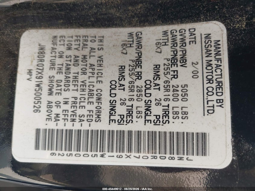 2001 Nissan Pathfinder VIN JN8DR07X91W500526 IAAI salvage auction — NORMAL WEAR, Clear (Georgia), sold $275 on 2026-07-17 (photo 9)