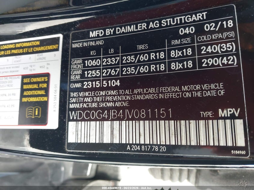 2018 Mercedes-benz Glc VIN WDC0G4JB4JV081151 IAAI salvage auction — FRONT END, Salvage Title, sold $6,200 on 2026-07-30 (photo 9)