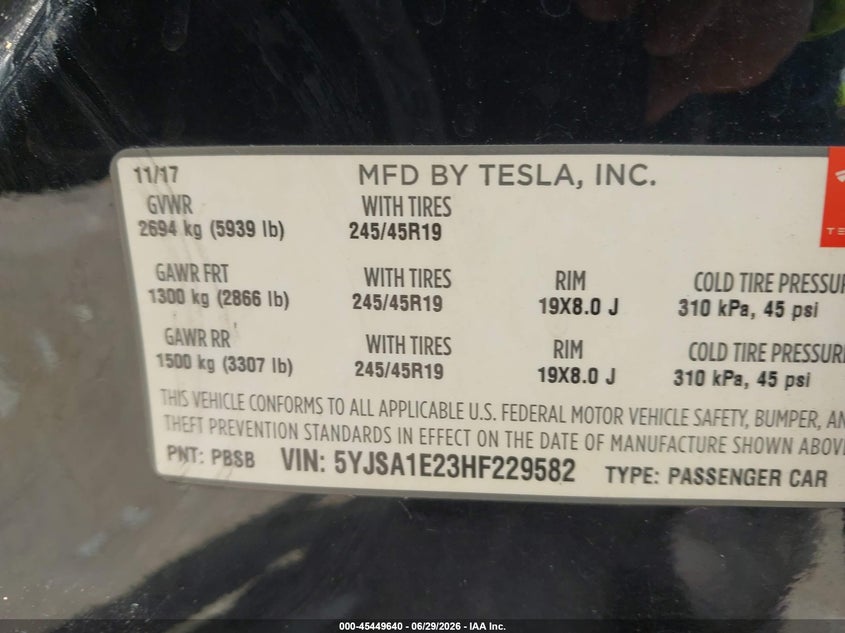 2017 Tesla Model s VIN 5YJSA1E23HF229582 IAAI salvage auction — NORMAL WEAR, Salvage Title, sold $1,550 on 2026-07-29 (photo 9)