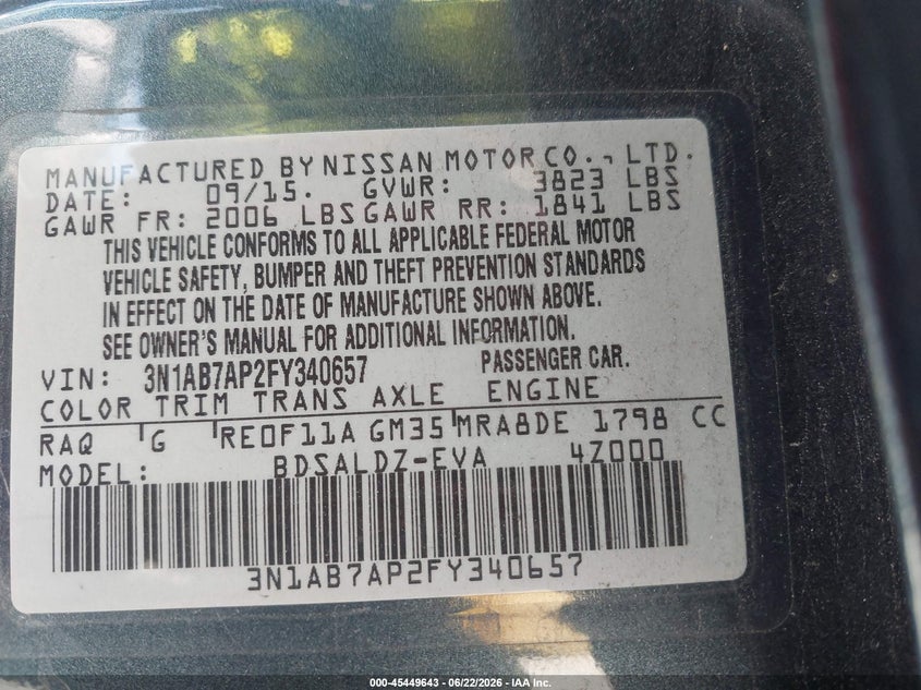 2015 Nissan Sentra VIN 3N1AB7AP2FY340657 IAAI salvage auction — NORMAL WEAR, Salvage (Florida), sold $850 on 2026-07-21 (photo 9)