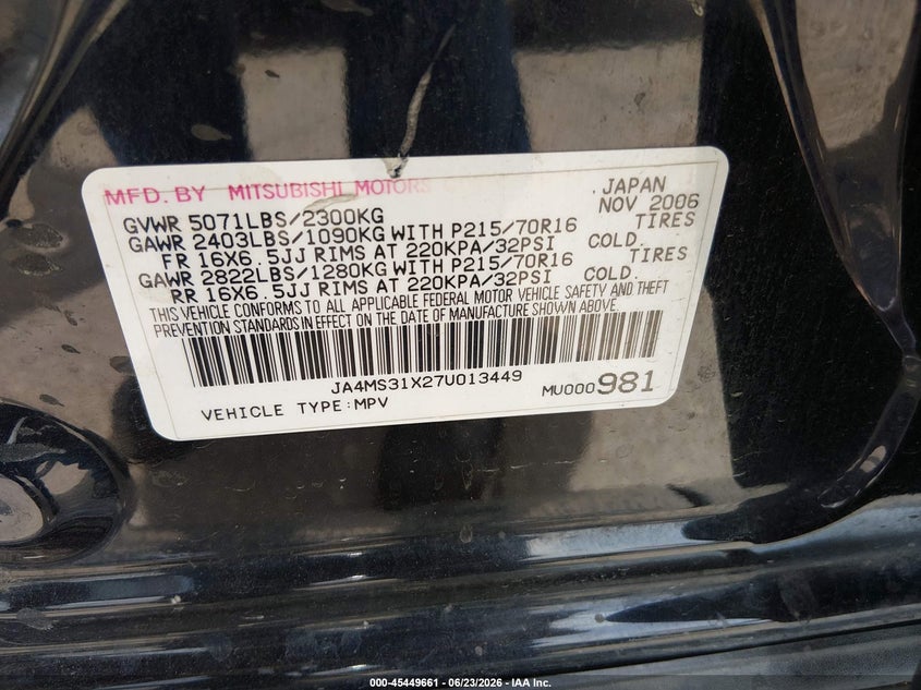 2007 Mitsubishi Outlander VIN JA4MS31X27U013449 IAAI salvage auction — NORMAL WEAR, Original (Texas), sold $475 on 2026-07-20 (photo 9)