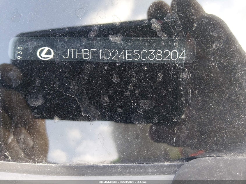 2014 Lexus Is 250 VIN JTHBF1D24E5038204 IAAI salvage auction — NORMAL WEAR, Original (Texas), sold $3,800 on 2026-07-20 (photo 9)