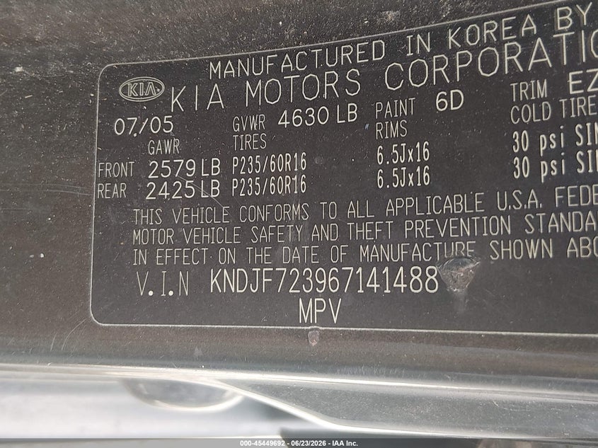 2006 Kia Sportage VIN KNDJF723967141488 IAAI salvage auction — NORMAL WEAR, Original (Texas), sold $450 on 2026-07-29 (photo 9)