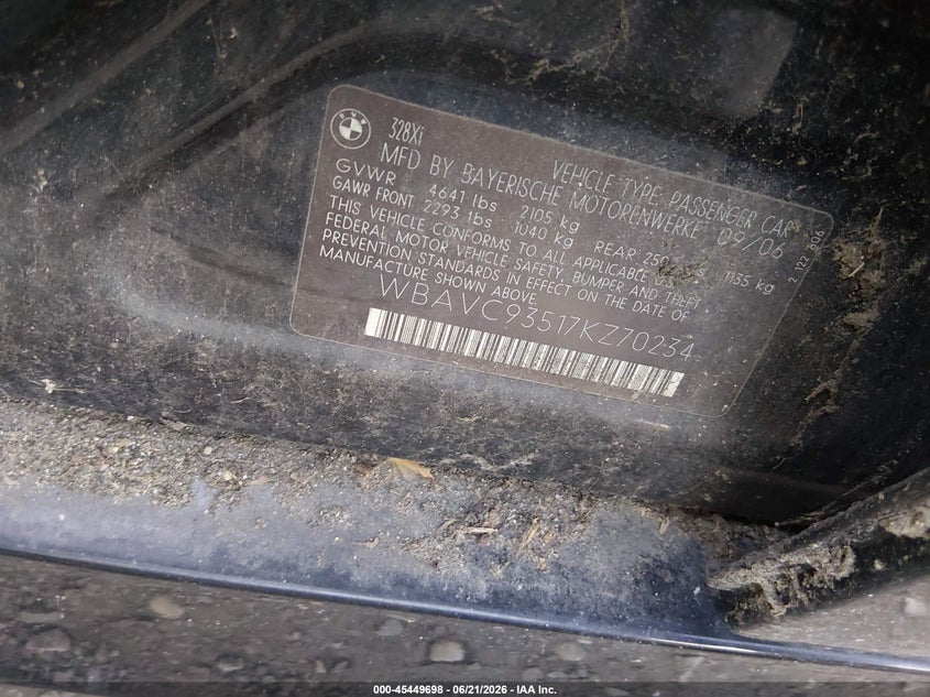 2007 BMW 3 series VIN WBAVC93517KZ70234 IAAI salvage auction — FRONT & REAR, Bill Of Sale (New York), sold $450 on 2026-07-14 (photo 9)