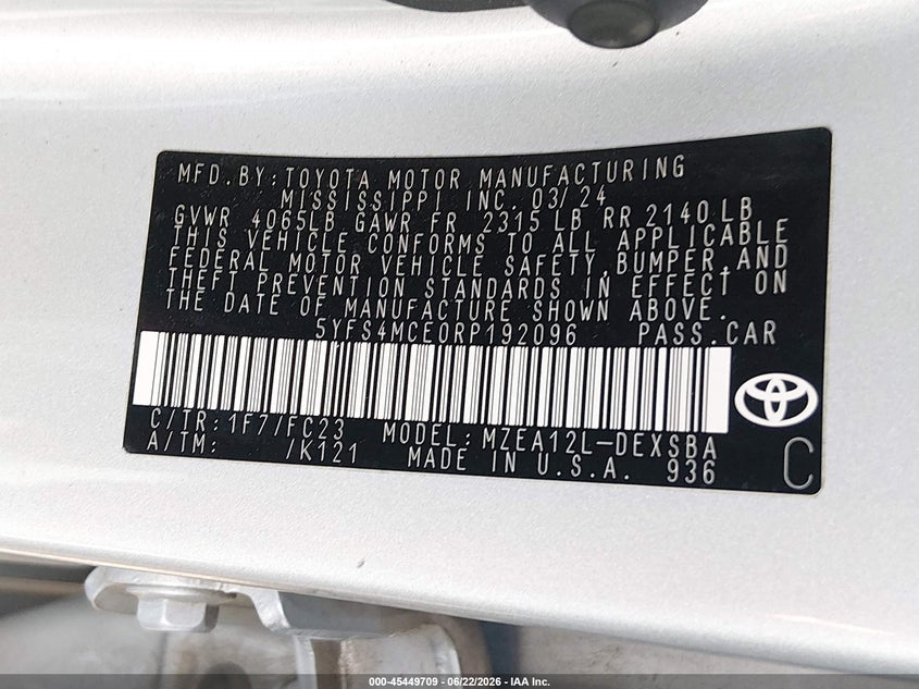 2024 Toyota Corolla VIN 5YFS4MCE0RP192096 IAAI salvage auction — FRONT END, Bill Of Sale (Washington), sold $6,800 on 2026-07-22 (photo 9)