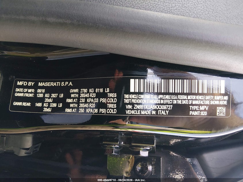 2019 Maserati Levante VIN ZN661XUA8KX309727 IAAI salvage auction — REAR END, Salvage Title, sold $4,950 on 2026-08-08 (photo 9)