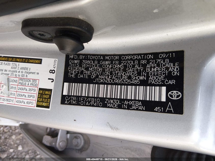 2011 Toyota Prius VIN JTDKN3DU9B5325485 IAAI salvage auction — UNKNOWN, Bill Of Sale (New York), sold $950 on 2026-07-07 (photo 9)